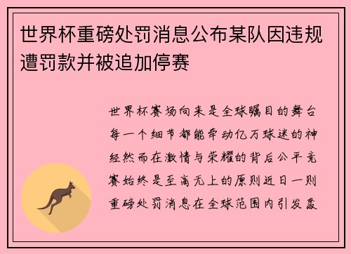 世界杯重磅处罚消息公布某队因违规遭罚款并被追加停赛