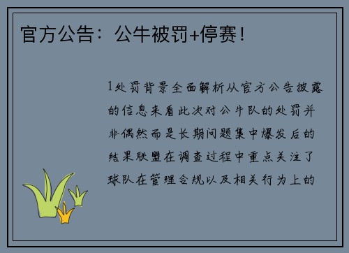 官方公告：公牛被罚+停赛！