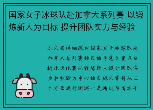 国家女子冰球队赴加拿大系列赛 以锻炼新人为目标 提升团队实力与经验